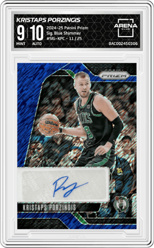 Kristaps Porzingis from the 2024-25 Panini Prizm set featuring a Blue Shimmer Prizm FOTL parallel graded by Arena Club and given an overall grade of 9.