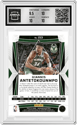 Giannis Antetokounmpo  from the 2023-24 Panini Obsidian set featuring a Electric Etch Purple Flood parallel graded by Arena Club and given an overall grade of 10.