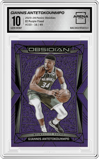 Giannis Antetokounmpo  from the 2023-24 Panini Obsidian set featuring a Electric Etch Purple Flood parallel graded by Arena Club and given an overall grade of 10.