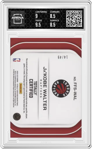 Ja'Kobe Walter from the 2024-25 Panini Totally Certified set featuring a Mirror Purple parallel graded by Arena Club and given an overall grade of 9.