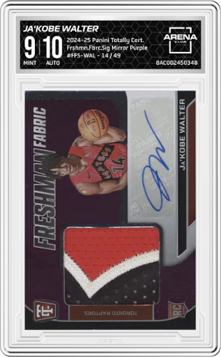 Ja'Kobe Walter from the 2024-25 Panini Totally Certified set featuring a Mirror Purple parallel graded by Arena Club and given an overall grade of 9.