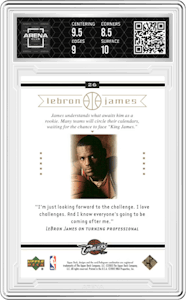 Lebron James from the 2003-04 Upper Deck LeBron James  set graded by Arena Club and given an overall grade of 9.