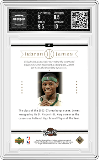 Lebron James from the 2003-04 Upper Deck LeBron James  set graded by Arena Club and given an overall grade of 9.