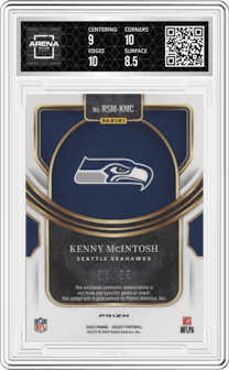 Kenny McIntosh from the 2023 Panini Select set featuring a Neon Orange Pulsar parallel graded by Arena Club and given an overall grade of 9.