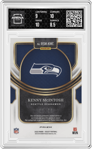 Kenny McIntosh from the 2023 Panini Select set featuring a Neon Orange Pulsar parallel graded by Arena Club and given an overall grade of 9.