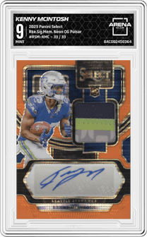 Kenny McIntosh from the 2023 Panini Select set featuring a Neon Orange Pulsar parallel graded by Arena Club and given an overall grade of 9.
