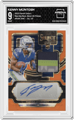 Kenny McIntosh from the 2023 Panini Select set featuring a Neon Orange Pulsar parallel graded by Arena Club and given an overall grade of 9.