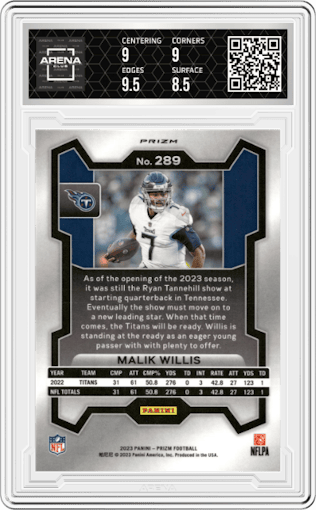 Malik Willis from the 2023 Panini Prizm set featuring a Black/White Checker parallel graded by Arena Club and given an overall grade of 9.