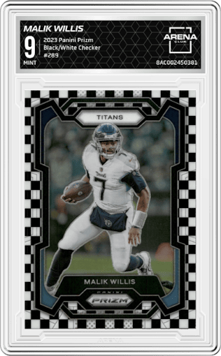 Malik Willis from the 2023 Panini Prizm set featuring a Black/White Checker parallel graded by Arena Club and given an overall grade of 9.