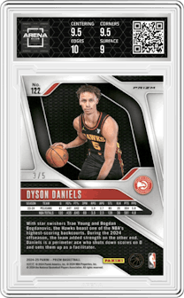 Dyson Daniels from the 2024-25 Panini Prizm set featuring a Green Shimmer Prizm FOTL  parallel graded by Arena Club and given an overall grade of 9.5.