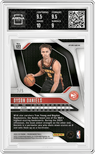 Dyson Daniels from the 2024-25 Panini Prizm set featuring a Green Shimmer Prizm FOTL  parallel graded by Arena Club and given an overall grade of 9.5.
