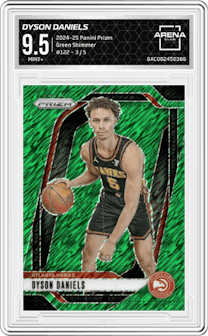 Dyson Daniels from the 2024-25 Panini Prizm set featuring a Green Shimmer Prizm FOTL  parallel graded by Arena Club and given an overall grade of 9.5.