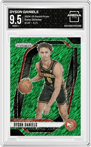 Dyson Daniels from the 2024-25 Panini Prizm set featuring a Green Shimmer Prizm FOTL  parallel graded by Arena Club and given an overall grade of 9.5.