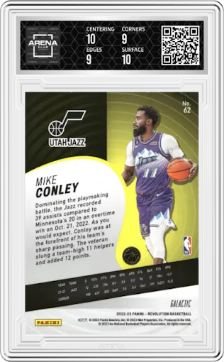 Mike Conley from the 2022-23 Panini Revolution  set featuring a Galactic parallel graded by Arena Club and given an overall grade of 9.5.
