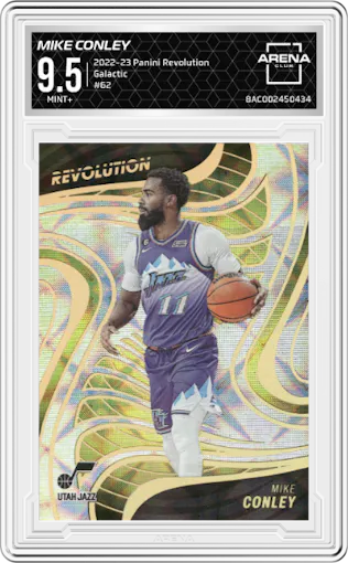 Mike Conley from the 2022-23 Panini Revolution  set featuring a Galactic parallel graded by Arena Club and given an overall grade of 9.5.