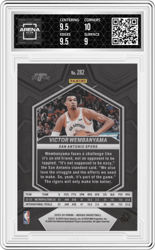 Victor Wembanyama from the 2023-24 Panini Mosaic set graded by Arena Club and given an overall grade of 9.5.