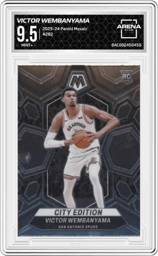Victor Wembanyama from the 2023-24 Panini Mosaic set graded by Arena Club and given an overall grade of 9.5.