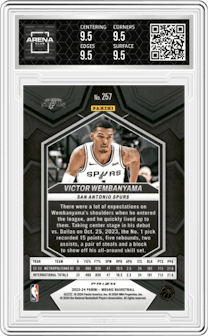 Victor Wembanyama from the 2023-24 Panini Mosaic set featuring a Reactive Blue parallel graded by Arena Club and given an overall grade of 9.5.