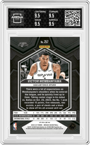 Victor Wembanyama from the 2023-24 Panini Mosaic set featuring a Reactive Blue parallel graded by Arena Club and given an overall grade of 9.5.