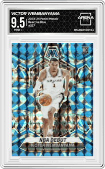 Victor Wembanyama from the 2023-24 Panini Mosaic set featuring a Reactive Blue parallel graded by Arena Club and given an overall grade of 9.5.