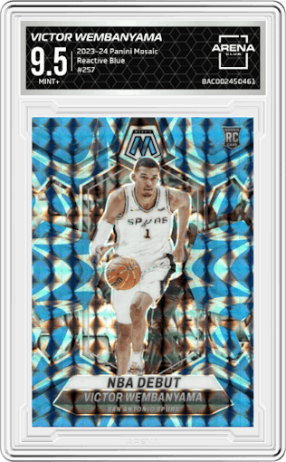 Victor Wembanyama from the 2023-24 Panini Mosaic set featuring a Reactive Blue parallel graded by Arena Club and given an overall grade of 9.5.