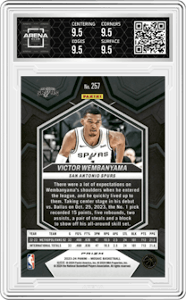 Victor Wembanyama from the 2023-24 Panini Mosaic set featuring a Green Mosaic parallel graded by Arena Club and given an overall grade of 9.5.
