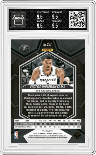 Victor Wembanyama from the 2023-24 Panini Mosaic set featuring a Green Mosaic parallel graded by Arena Club and given an overall grade of 9.5.