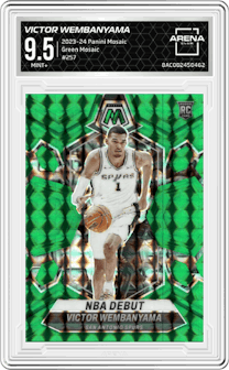 Victor Wembanyama from the 2023-24 Panini Mosaic set featuring a Green Mosaic parallel graded by Arena Club and given an overall grade of 9.5.