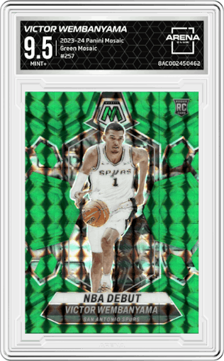 Victor Wembanyama from the 2023-24 Panini Mosaic set featuring a Green Mosaic parallel graded by Arena Club and given an overall grade of 9.5.
