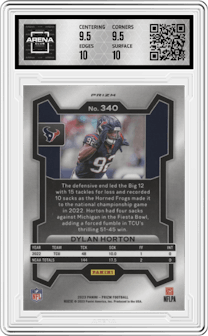 Dylan Horton from the 2023 Panini Prizm set featuring a Black/White Checker parallel graded by Arena Club and given an overall grade of 10.