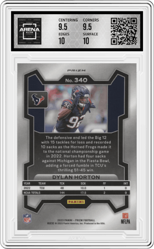 Dylan Horton from the 2023 Panini Prizm set featuring a Black/White Checker parallel graded by Arena Club and given an overall grade of 10.