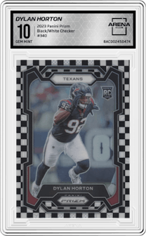Dylan Horton from the 2023 Panini Prizm set featuring a Black/White Checker parallel graded by Arena Club and given an overall grade of 10.