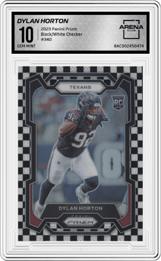 Dylan Horton from the 2023 Panini Prizm set featuring a Black/White Checker parallel graded by Arena Club and given an overall grade of 10.