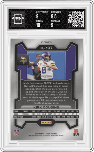 Kirk Cousins from the 2023 Panini Prizm set featuring a Black/White Checker parallel graded by Arena Club and given an overall grade of 9.5.
