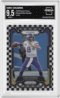 Kirk Cousins from the 2023 Panini Prizm set featuring a Black/White Checker parallel graded by Arena Club and given an overall grade of 9.5.