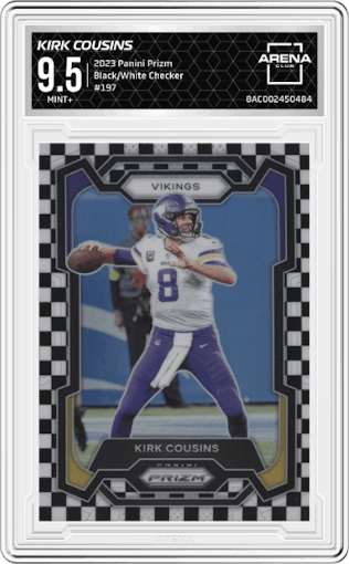 Kirk Cousins from the 2023 Panini Prizm set featuring a Black/White Checker parallel graded by Arena Club and given an overall grade of 9.5.
