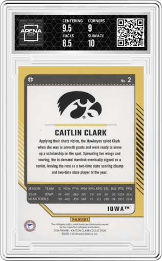 Caitlin Clark from the 2024 Panini Caitlin Clark Collection set featuring a Metalized parallel graded by Arena Club and given an overall grade of 9.