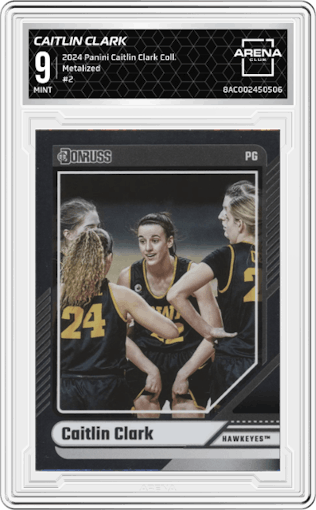 Caitlin Clark from the 2024 Panini Caitlin Clark Collection set featuring a Metalized parallel graded by Arena Club and given an overall grade of 9.