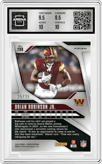Brian Robinson Jr. from the 2024 Panini Prizm set featuring a Red Shimmer parallel graded by Arena Club and given an overall grade of 10.