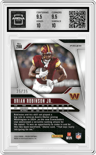 Brian Robinson Jr. from the 2024 Panini Prizm set featuring a Red Shimmer parallel graded by Arena Club and given an overall grade of 10.