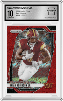 Brian Robinson Jr. from the 2024 Panini Prizm set featuring a Red Shimmer parallel graded by Arena Club and given an overall grade of 10.