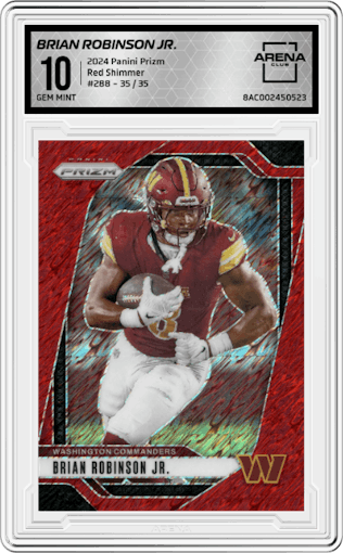 Brian Robinson Jr. from the 2024 Panini Prizm set featuring a Red Shimmer parallel graded by Arena Club and given an overall grade of 10.