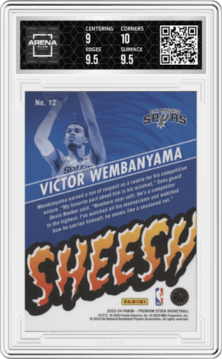 Victor Wembanyama from the 2023-24 Panini Hoops Premium Stock set graded by Arena Club and given an overall grade of 9.5.