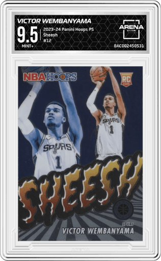 Victor Wembanyama from the 2023-24 Panini Hoops Premium Stock set graded by Arena Club and given an overall grade of 9.5.