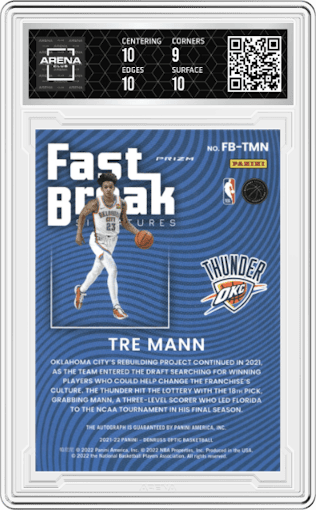 Tre Mann from the 2021-22 Panini Donruss Optic set graded by Arena Club and given an overall grade of 9.5.