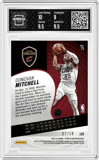 Donovan Mitchell  from the 2022-23 Panini Revolution  set featuring a Lava parallel graded by Arena Club and given an overall grade of 9.5.