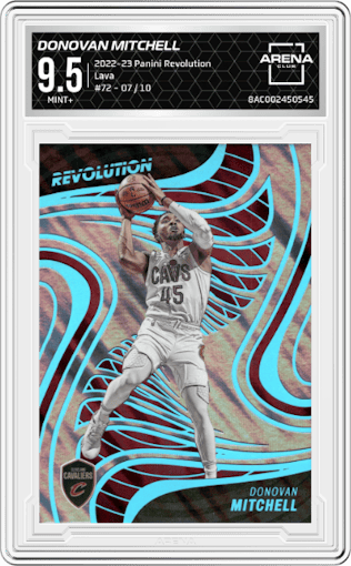 Donovan Mitchell  from the 2022-23 Panini Revolution  set featuring a Lava parallel graded by Arena Club and given an overall grade of 9.5.