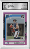 Caleb Williams from the 2024 Donruss set featuring a Pink parallel graded by Arena Club and given an overall grade of 10.