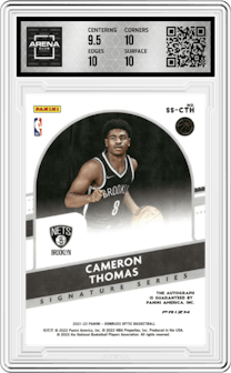 Cameron Thomas from the 2021-22 Panini Donruss Optic set featuring a Green Wave parallel graded by Arena Club and given an overall grade of 10.