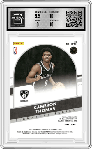 Cameron Thomas from the 2021-22 Panini Donruss Optic set featuring a Green Wave parallel graded by Arena Club and given an overall grade of 10.